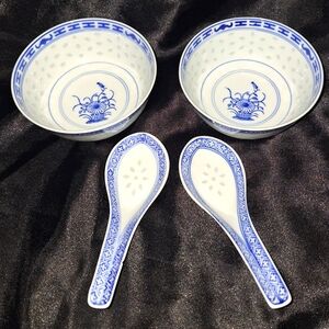 Two Vintage Chinese Rice Bowls With Spoons~Blue & White Porcelain~Translucent